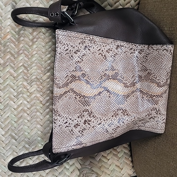 T Tahari Handbags - T TAHARI leather snake-skin detailed tote shoulder bag in Dark chocolate